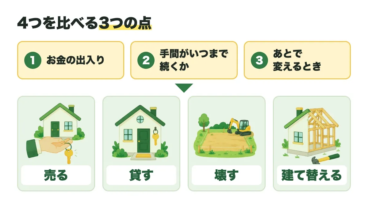 売る・貸す・壊す・建て替えるの4つを、お金の出入り、手間がいつまで続くか、あとで変えるときの3つの点で比べることを示した図