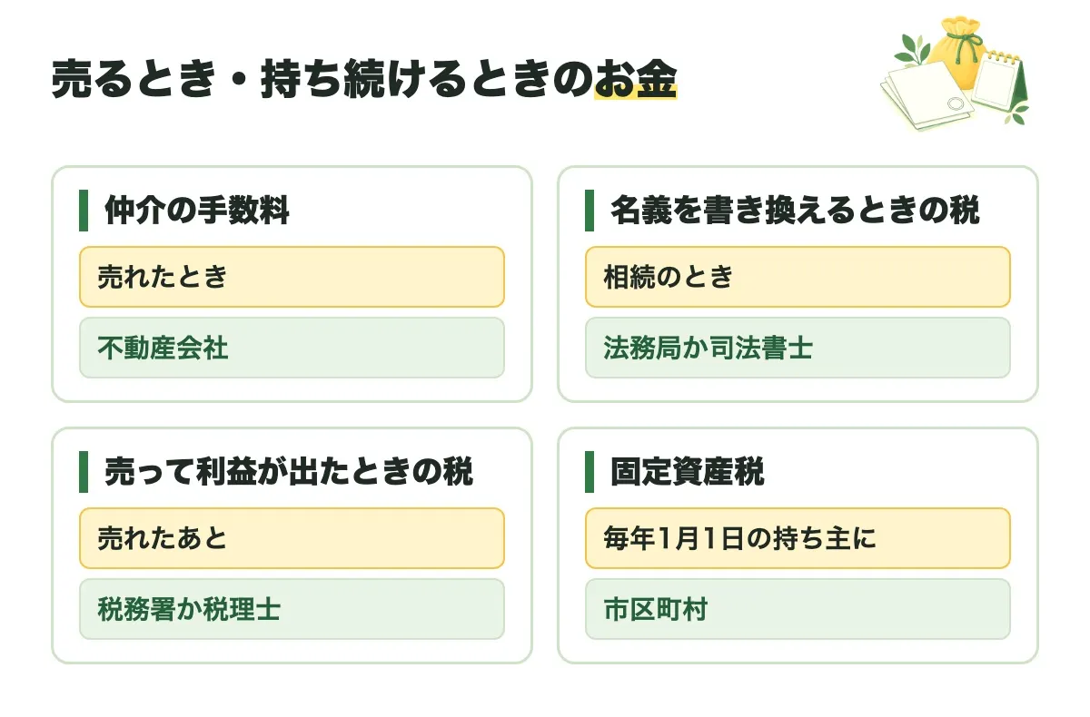 仲介の手数料、名義を書き換えるときの税、売って利益が出たときの税、固定資産税の4つについて、かかる時と聞く先を並べた図